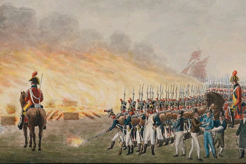 Gemaltes Bild. Französische Soldaten, zwei hoch zu Pferd. Ware wird verbrannt.